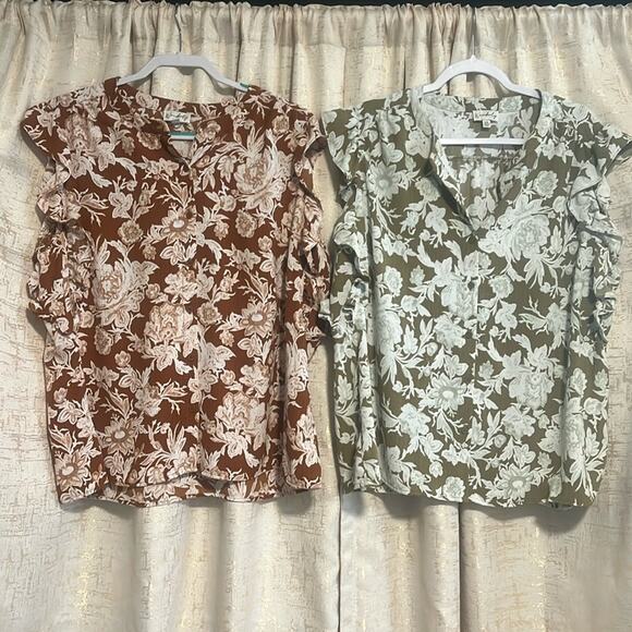 2 Wonderly Button Up Blouses Floral Green White Rust Ruffles Women's Size XXL - Picture 1 of 6